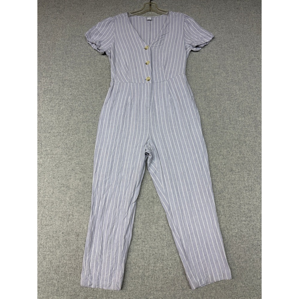 Old Navy Jumpsuit Size M Purple White Striped Rayon Linen Button Puff Sleeve